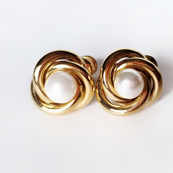 Vintage Napier Clip-On Earrings, Gold Tone Faux Pearl Screwbacks, Gift For Her - Picture 1 of 8